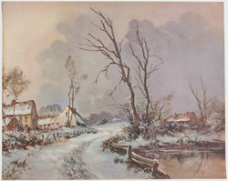 vintage calendar art with cottages, cabins, etc. circa 1930s-1940s
